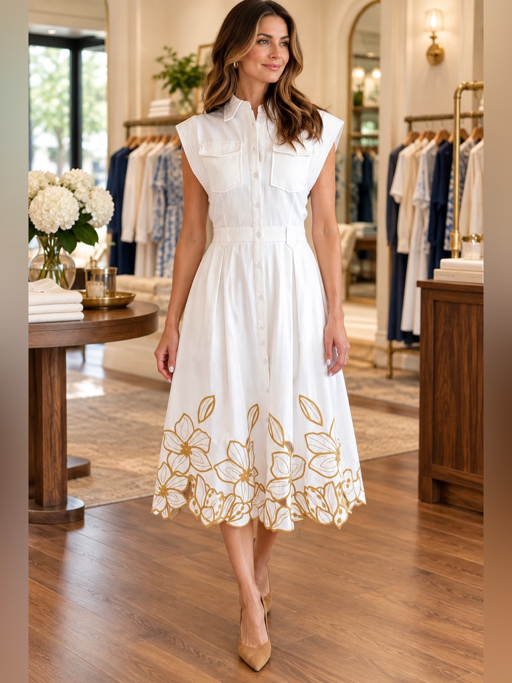 Strut & Bolt Sleeveless White Button-Front Midi Dress with Gold Floral Hem